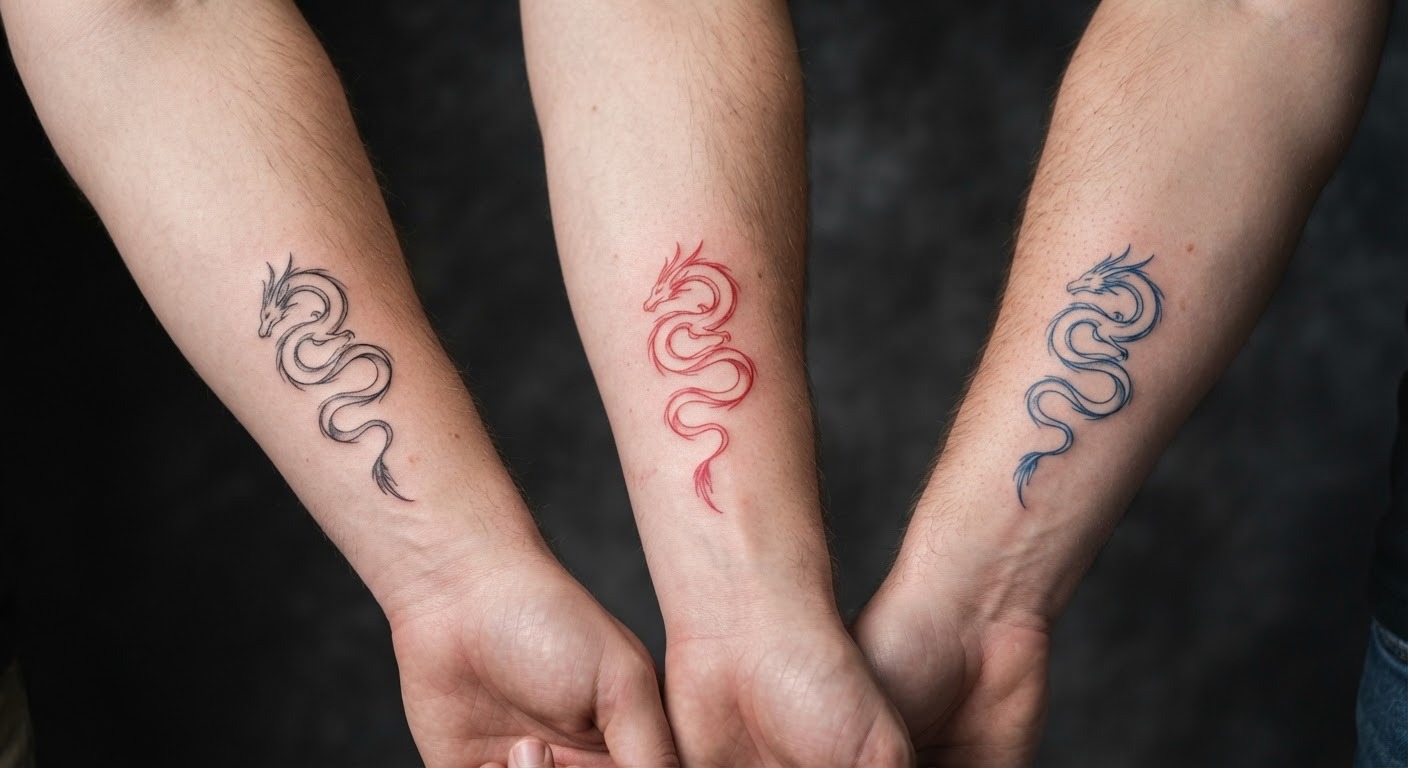 Red black and blue dragon tattoo color comparison Three forearm dragon tattoos comparing red, black, and blue ink variations. | Sky Rye Design Three forearm dragon tattoos comparing red, black, and blue ink variations.