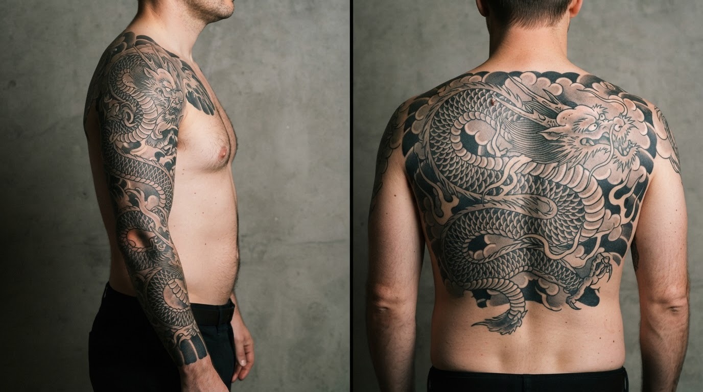 Dragon tattoo sleeve and back placement comparison Comparison of a full sleeve dragon tattoo and a full back dragon tattoo placement. | Sky Rye Design Comparison of a full sleeve dragon tattoo and a full back dragon tattoo placement.