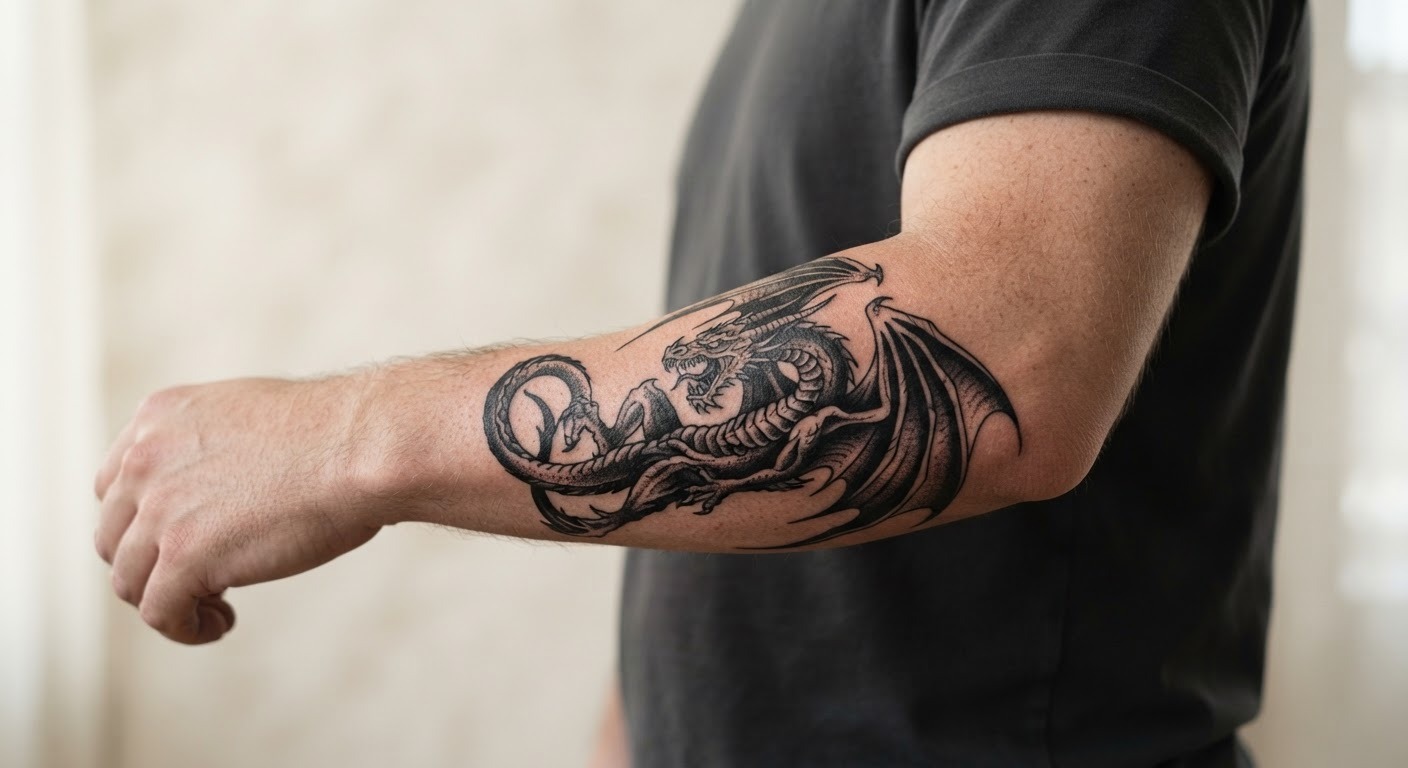 Western blackwork dragon forearm tattoo Bold blackwork Western dragon tattoo on the forearm with spread wings and heavy shading. | Sky Rye Design Bold blackwork Western dragon tattoo on the forearm with spread wings and heavy shading.