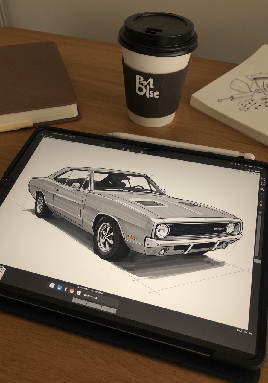 Draw Dodge Charger Digitally on iPad with Procreate An iPad Pro with Apple Pencil resting on a desk displaying a half-finished Dodge Charger drawing in Procreate. | Sky Rye Design An iPad Pro with Apple Pencil resting on a desk displaying a half-finished Dodge Charger drawing in Procreate.