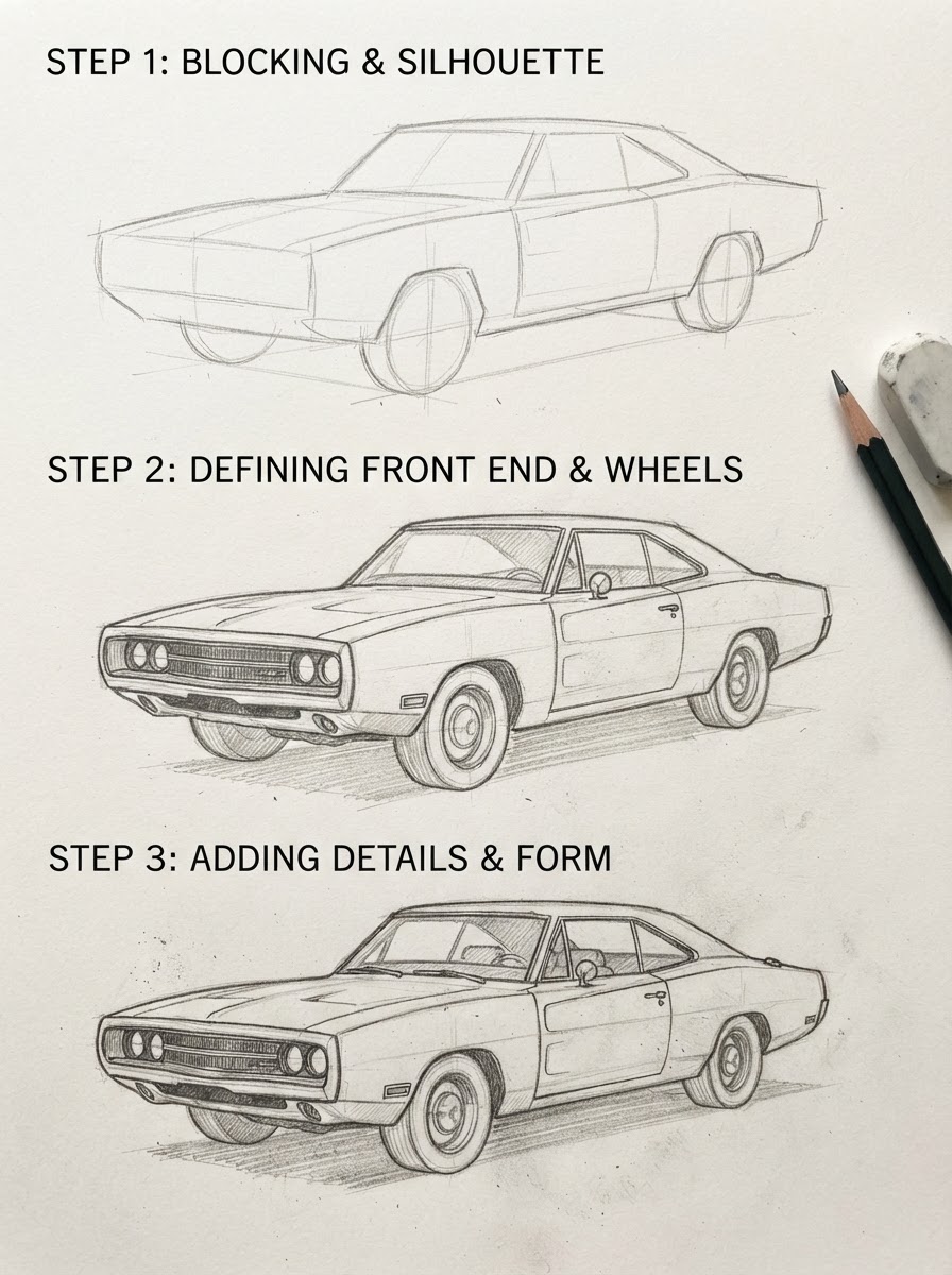 Draw Dodge Charger Step-by-Step Tutorial Part 1 A three-step pencil drawing tutorial showing how to block the Dodge Charger silhouette, define the grille, and draw the roofline. | Sky Rye Design A three-step pencil drawing tutorial showing how to block the Dodge Charger silhouette, define the grille, and draw the roofline.