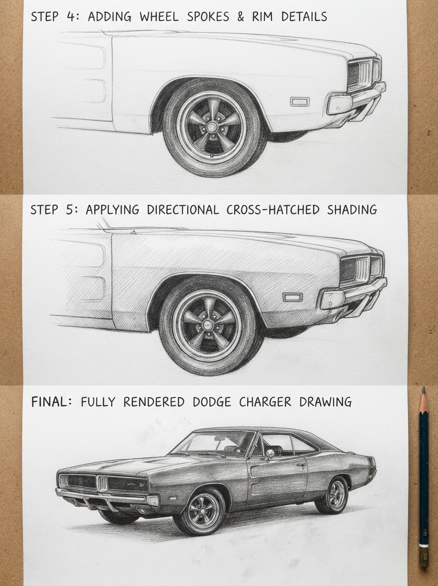 Draw Dodge Charger Step-by-Step Tutorial Part 2 A three-step pencil drawing tutorial showing how to draw wheels and rims, and apply directional cross-hatched shading to a Dodge Charger. | Sky Rye Design A three-step pencil drawing tutorial showing how to draw wheels and rims, and apply directional cross-hatched shading to a Dodge Charger.