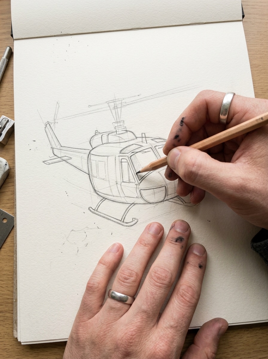 Close-up sketchbook view of how to draw a helicopter fuselage and cockpit window in pencil.