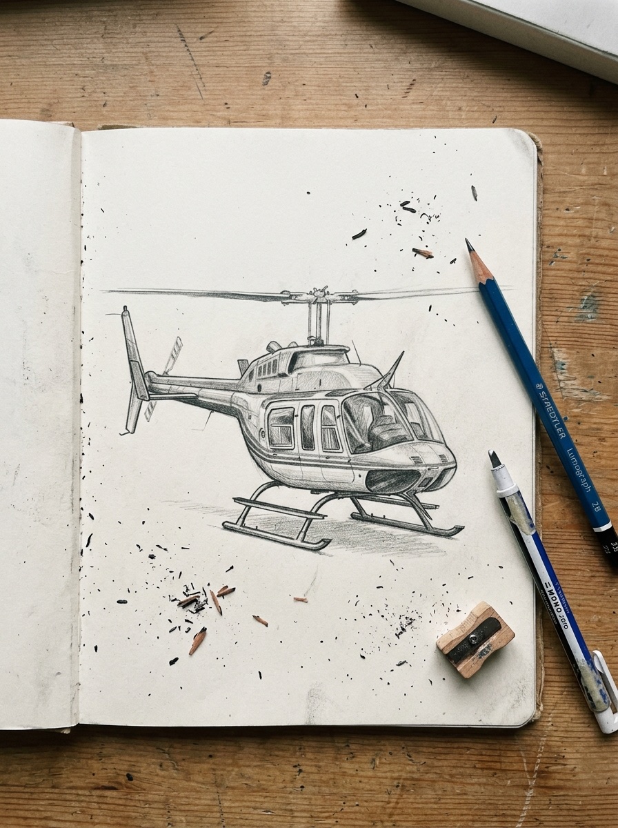 Nearly finished helicopter drawing with landing skids, side windows, pencil, and eraser shavings.