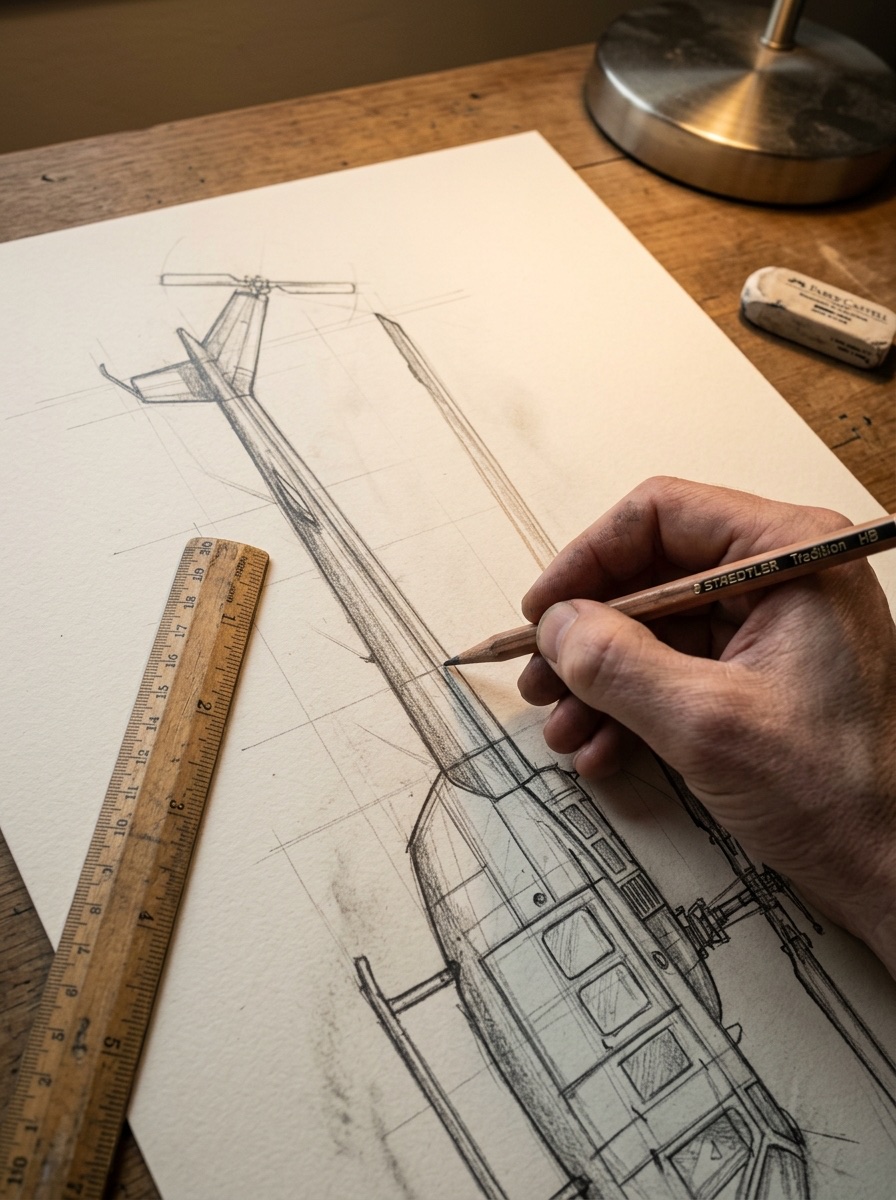 Pencil helicopter sketch showing the tail boom and main rotor blades added over light construction lines.