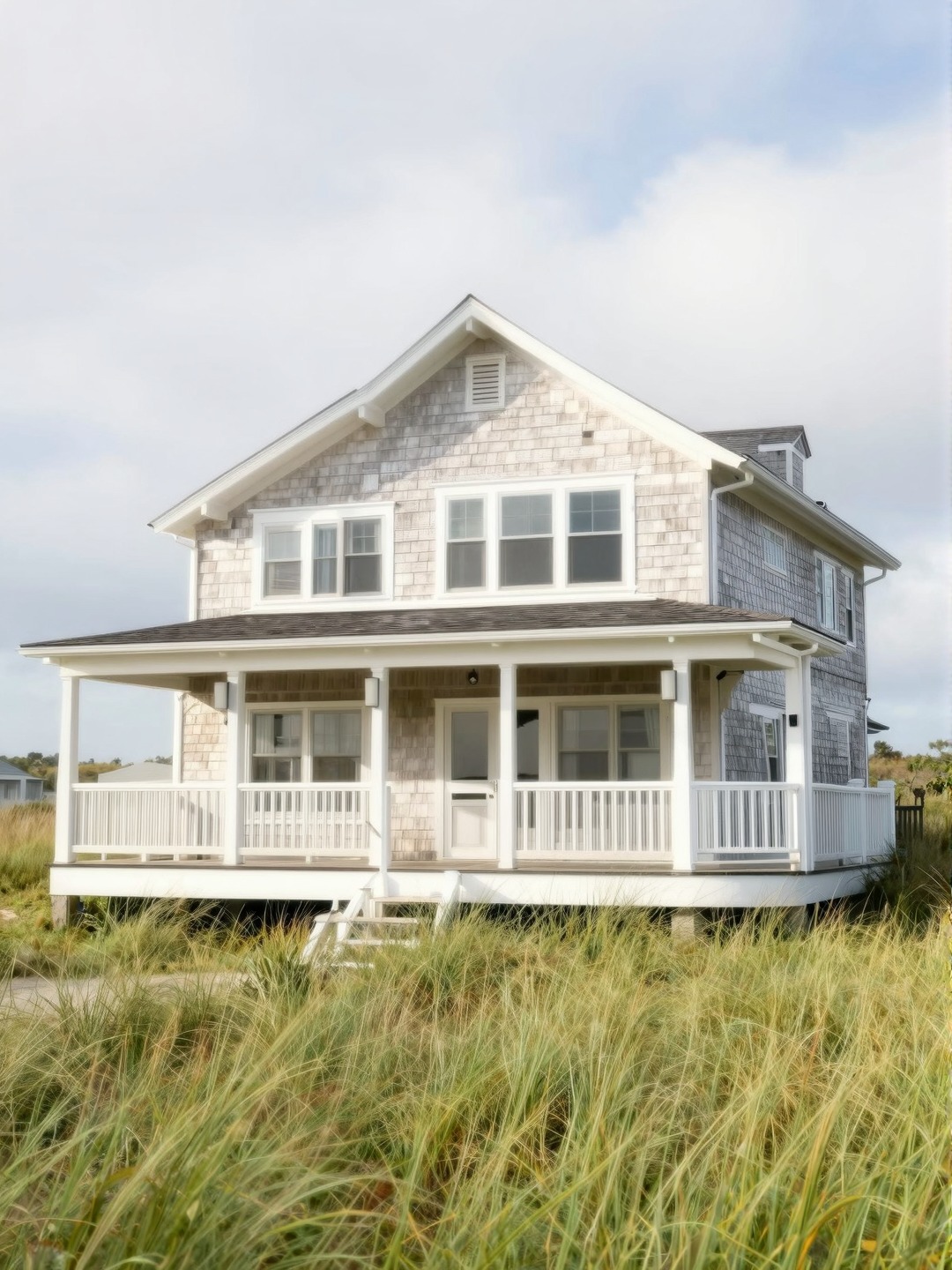 Coastal dream house exterior with pale cedar shingles, white porch trim, and dune grass landscaping.