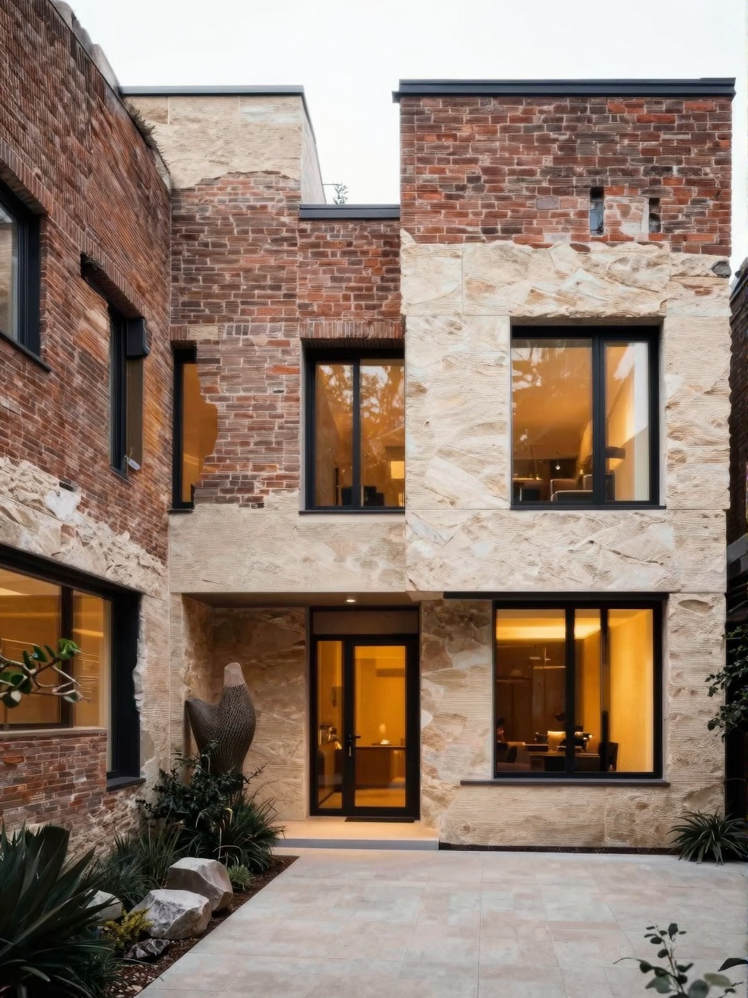 Contemporary courtyard dream house exterior with brick, limestone, black-framed windows, and warm entry lighting.