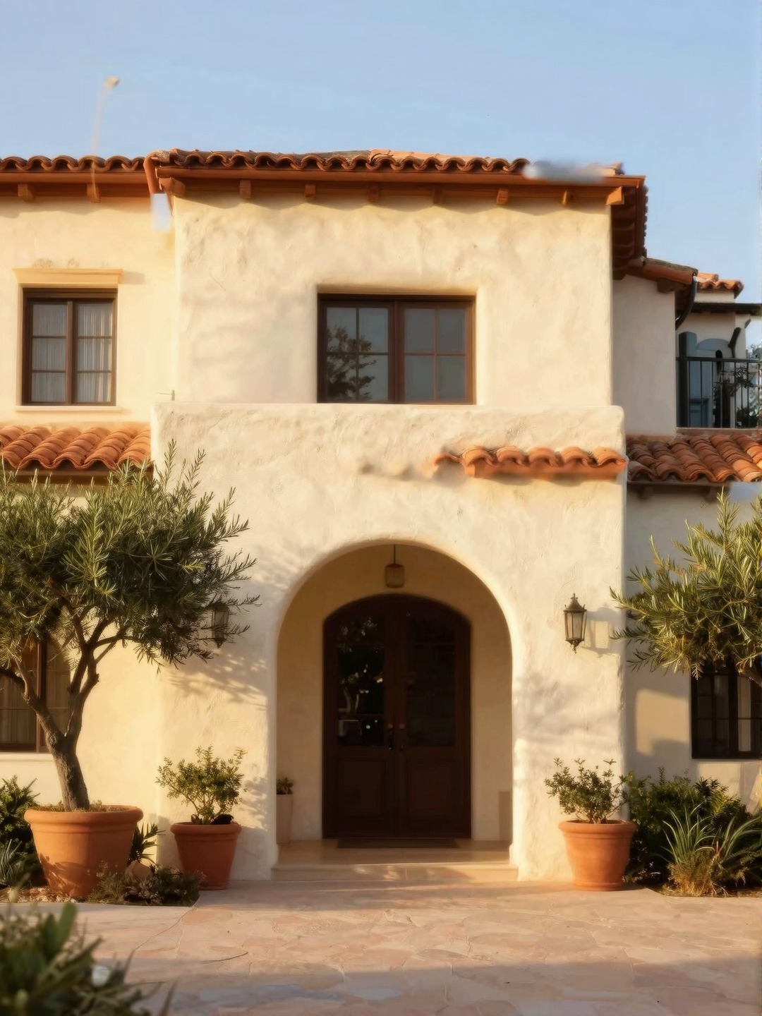 Mediterranean dream house exterior with cream stucco, terracotta roof tiles, arched entry, and olive trees.