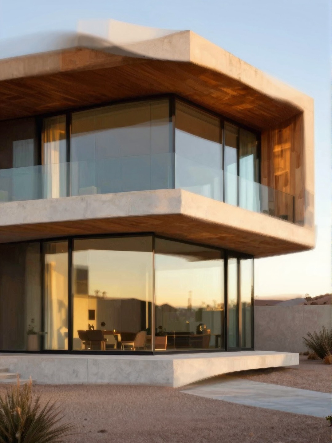 Modern glass dream house exterior with concrete planes, wood soffits, and floor-to-ceiling windows.