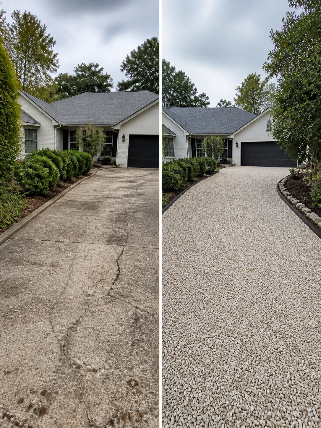 Before-and-after comparison of a cracked concrete driveway and clean light gravel surfacing.