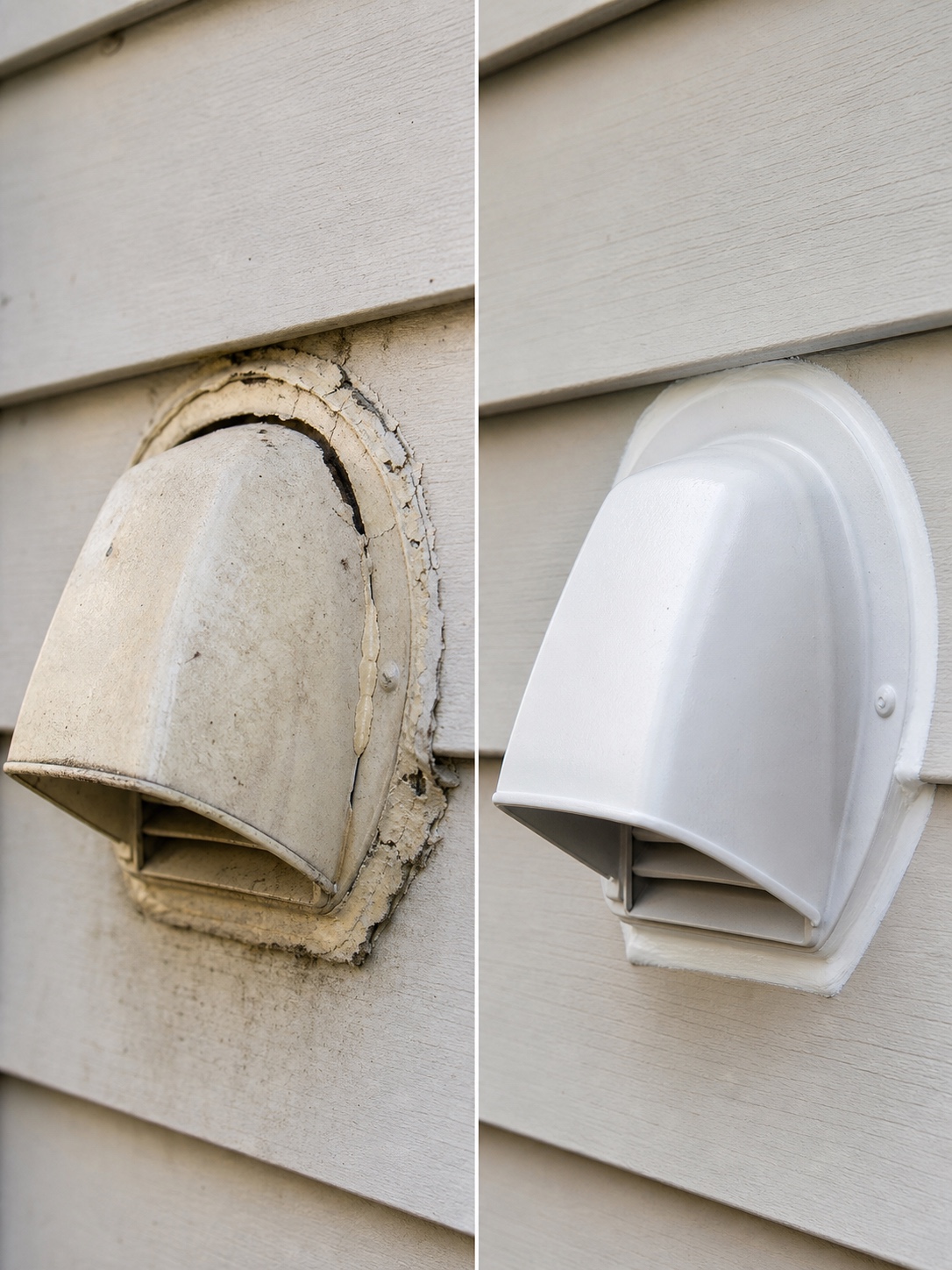 Before-and-after comparison of a cracked dryer vent penetration and a clean sealed vent hood.