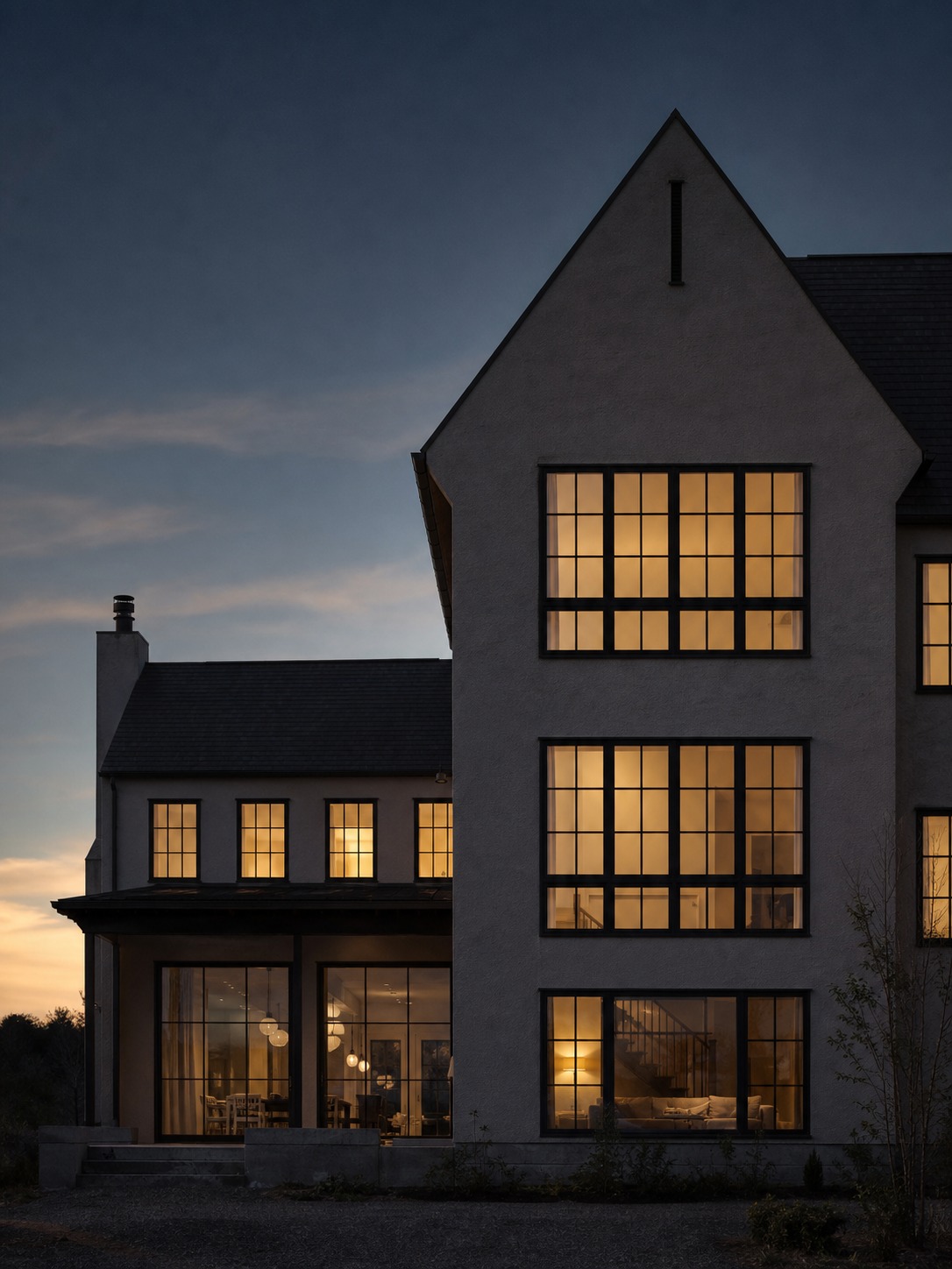 House facade at dusk with warm interior light glowing through a crisp grid of windows against a cool sky.