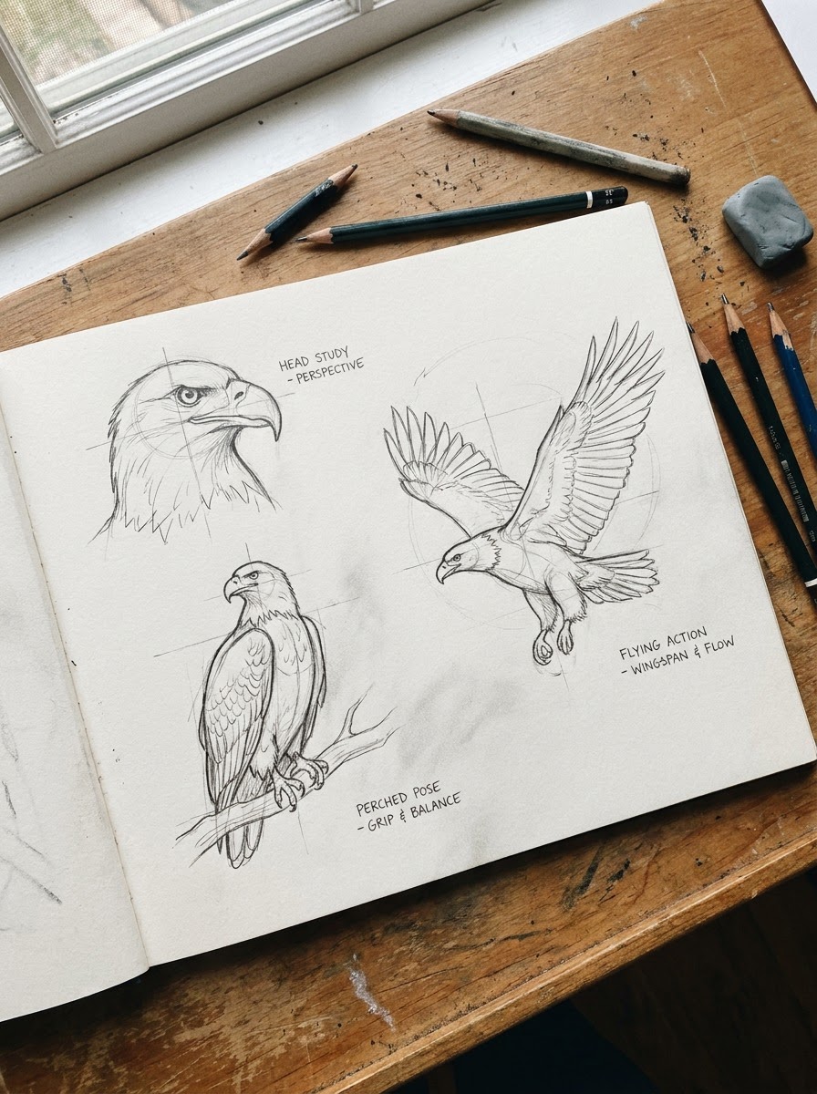 Eagle angle and pose studies sketchbook Sketchbook page with eagle studies for a head portrait, perched pose, and flying pose. | Sky Rye Design Sketchbook page with eagle studies for a head portrait, perched pose, and flying pose.