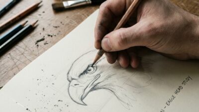 Artist sketching the brow ridge and eye structure of a realistic eagle head in pencil.