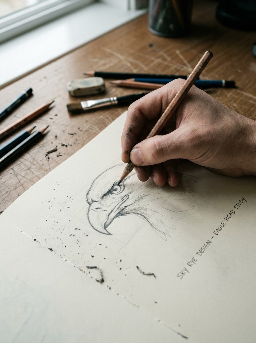 Eagle brow ridge and eye pencil sketch Artist sketching the brow ridge and eye structure of a realistic eagle head in pencil. | Sky Rye Design Artist sketching the brow ridge and eye structure of a realistic eagle head in pencil.