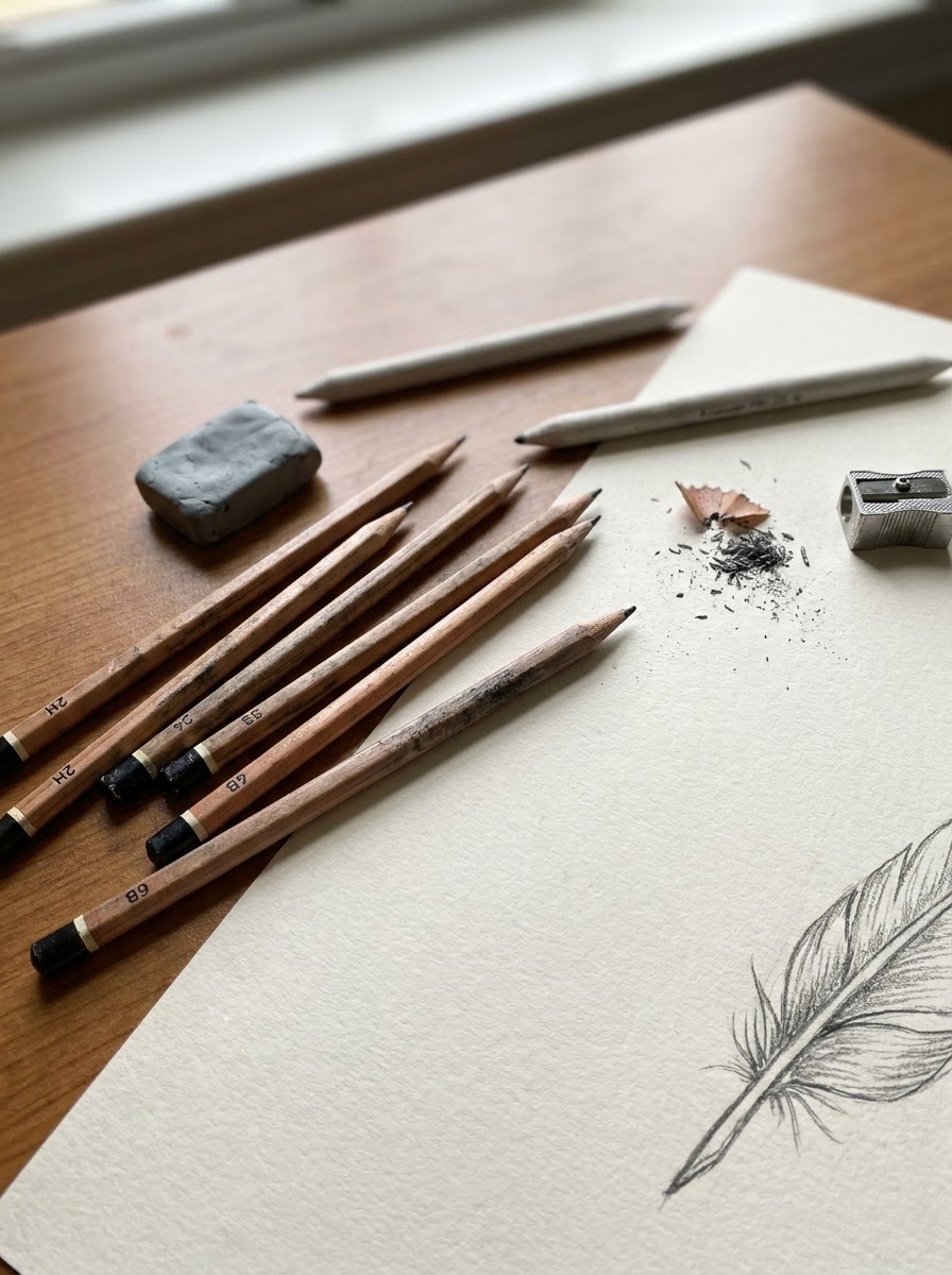 Eagle drawing materials on a desk Pencils lined up on a wooden desk with a sharpened feather sketch on white paper and a metal sharpener nearby - drawing supplies ready for art. | Sky Rye Design Drawing pencils, kneaded eraser, tortillon, and a partial eagle feather sketch on textured paper.