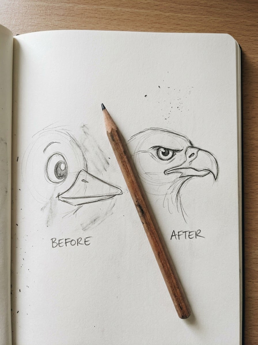 Eagle eye and beak correction sketch Sketchbook page with 'Before' and 'After' sketches of a bird head, a wooden pencil resting diagonally across the middle. | Sky Rye Design Before-and-after pencil sketch correcting a round eagle eye and flat beak into realistic forms.