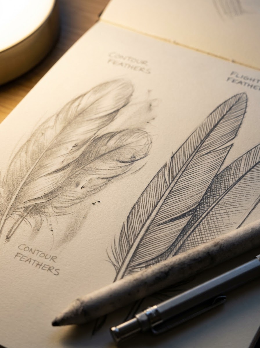 Eagle feather texture pencil study Close-up pencil study comparing soft contour feathers with stiff hatched flight feathers. | Sky Rye Design Close-up pencil study comparing soft contour feathers with stiff hatched flight feathers.