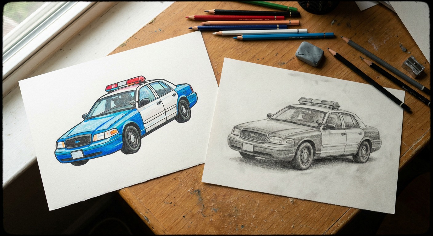 Two finished police car drawings compare a bright kids version with a graphite shaded version.