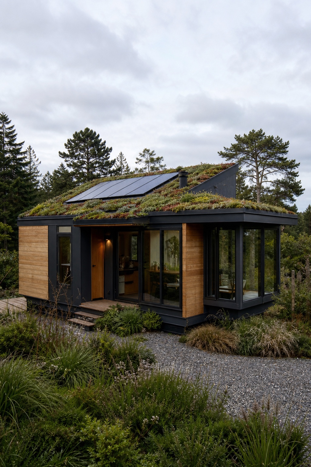Eco-friendly prefab modern house with green roof Eco-friendly prefab modern house with green roof, solar panels, and wood cladding | Sky Rye Design Eco-friendly prefab modern house with green roof, solar panels, and wood cladding