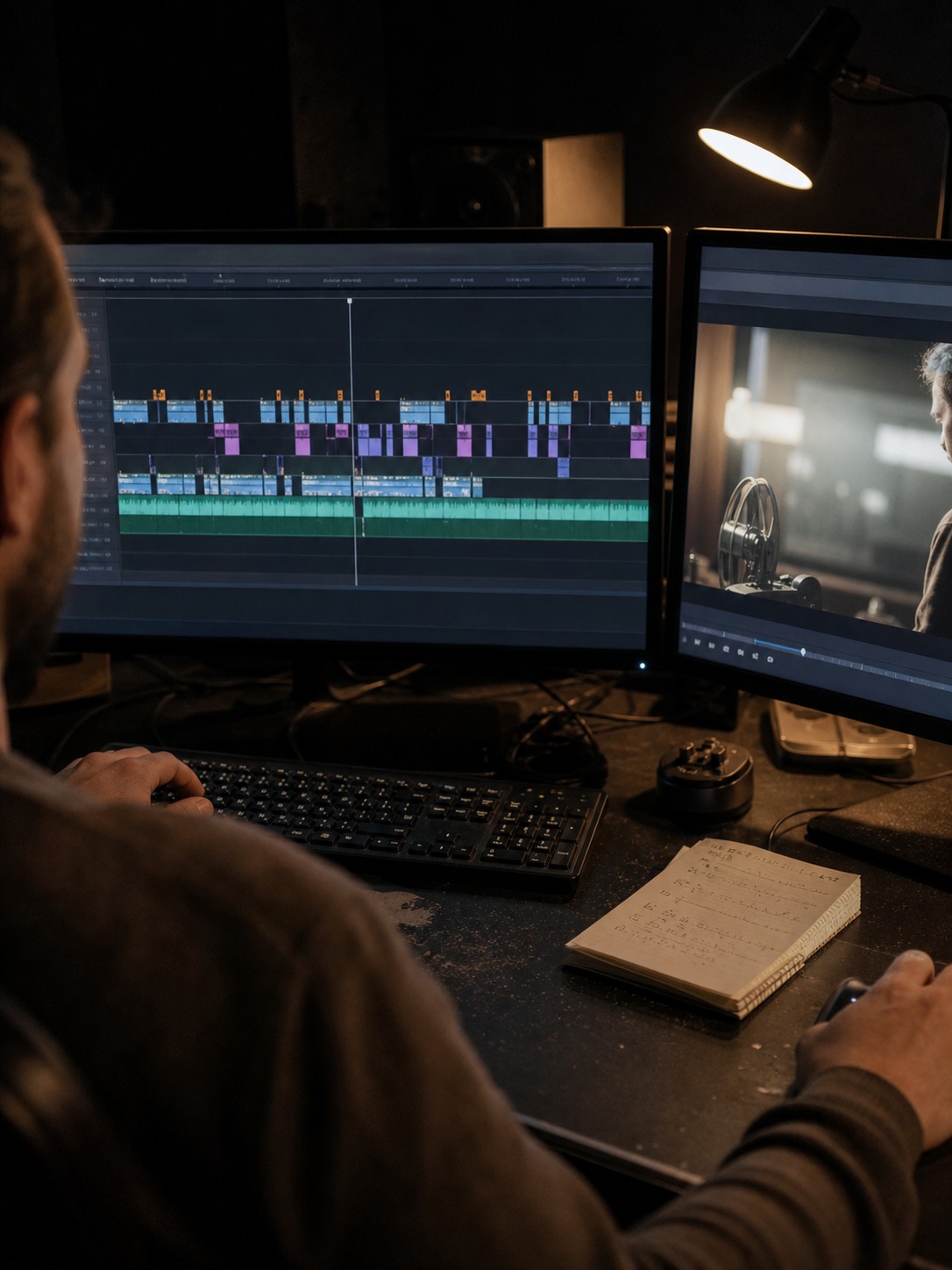 Editing timeline for brand video pacing Editor works on a video timeline across dual monitors in a dim editing room. | Sky Rye Design Editor works on a video timeline across dual monitors in a dim editing room.
