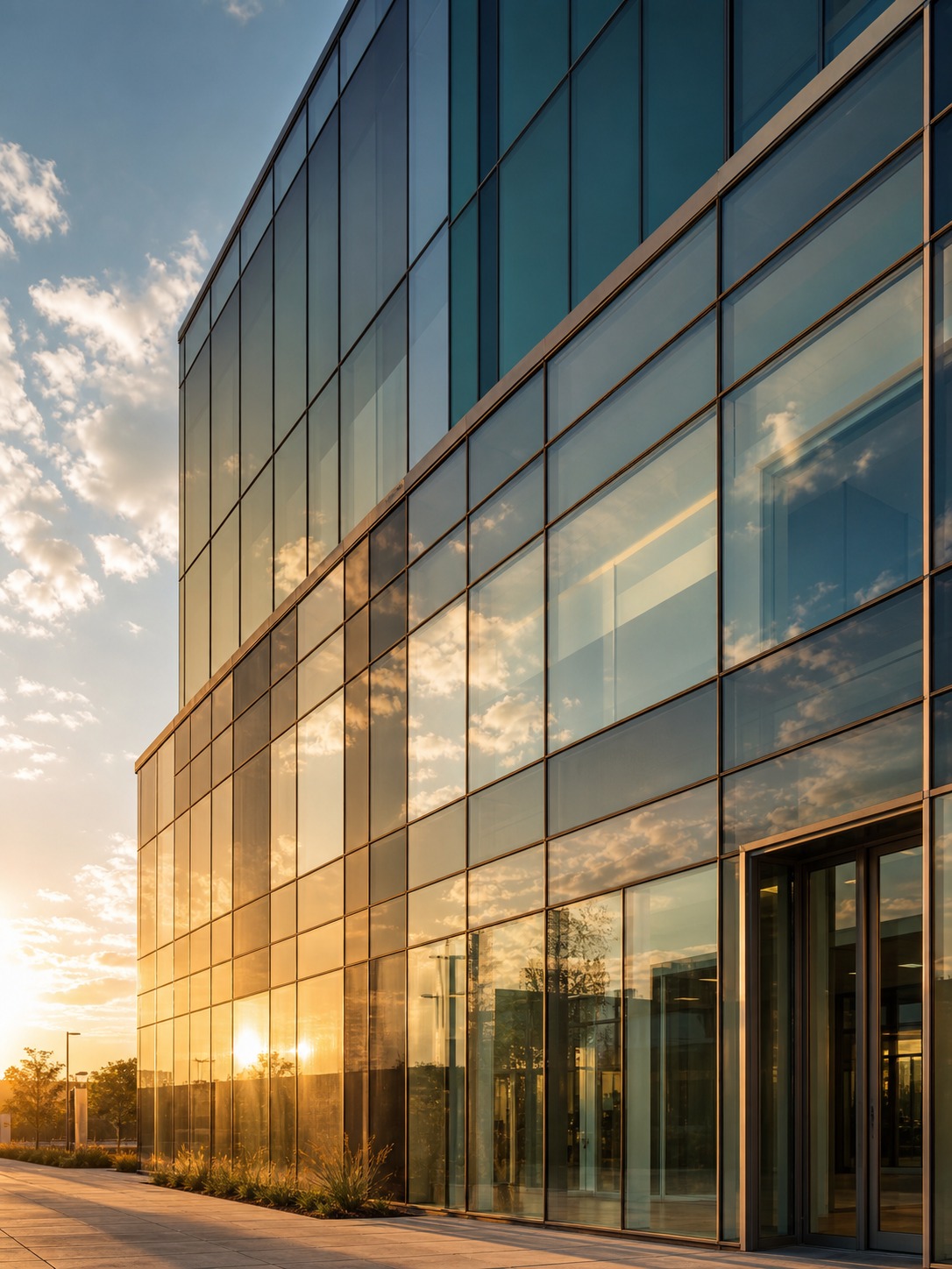 Electrochromic glass curtain wall Glass curtain wall with tinted electrochromic panels reflecting golden-hour clouds. | Sky Rye Design Glass curtain wall with tinted electrochromic panels reflecting golden-hour clouds.