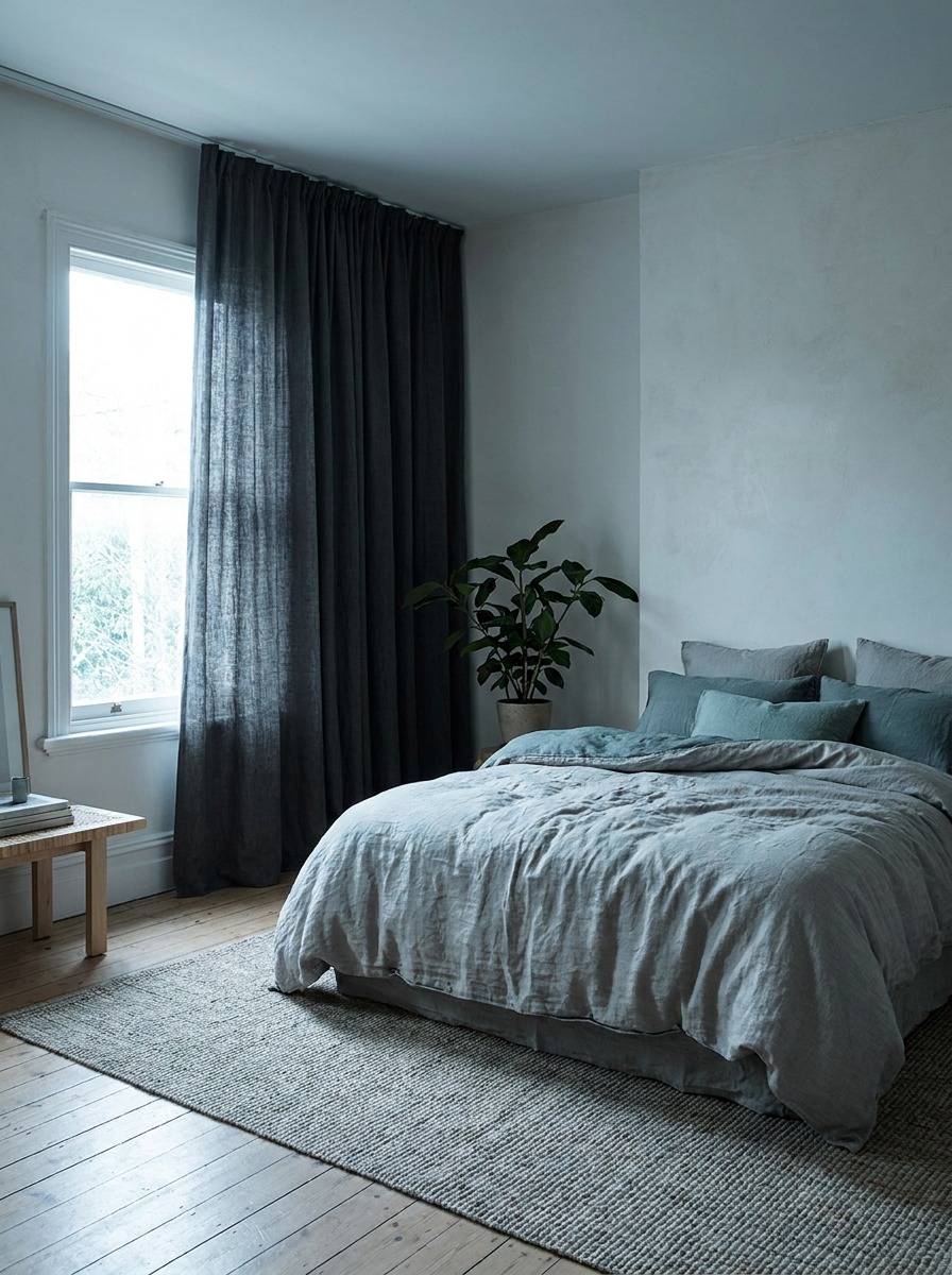 A calm bedroom with insulated blackout curtains and a bed placed away from the draft zone.