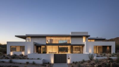 Energy efficient hot climate desert home exterior at dusk