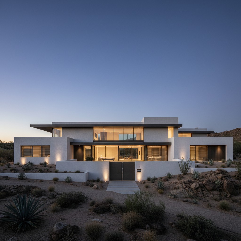 Energy Efficient Hot Climate Home Dusk Energy efficient hot climate desert home exterior at dusk | Sky Rye Design Energy efficient hot climate desert home exterior at dusk