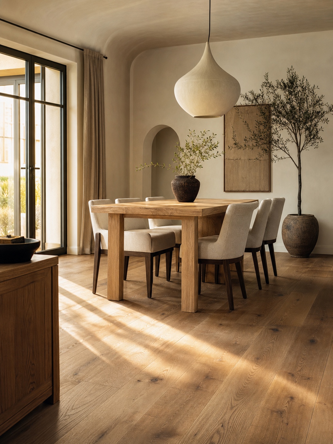 Elegant dining room with engineered oak flooring, natural veneer grain, and late afternoon sunlight.