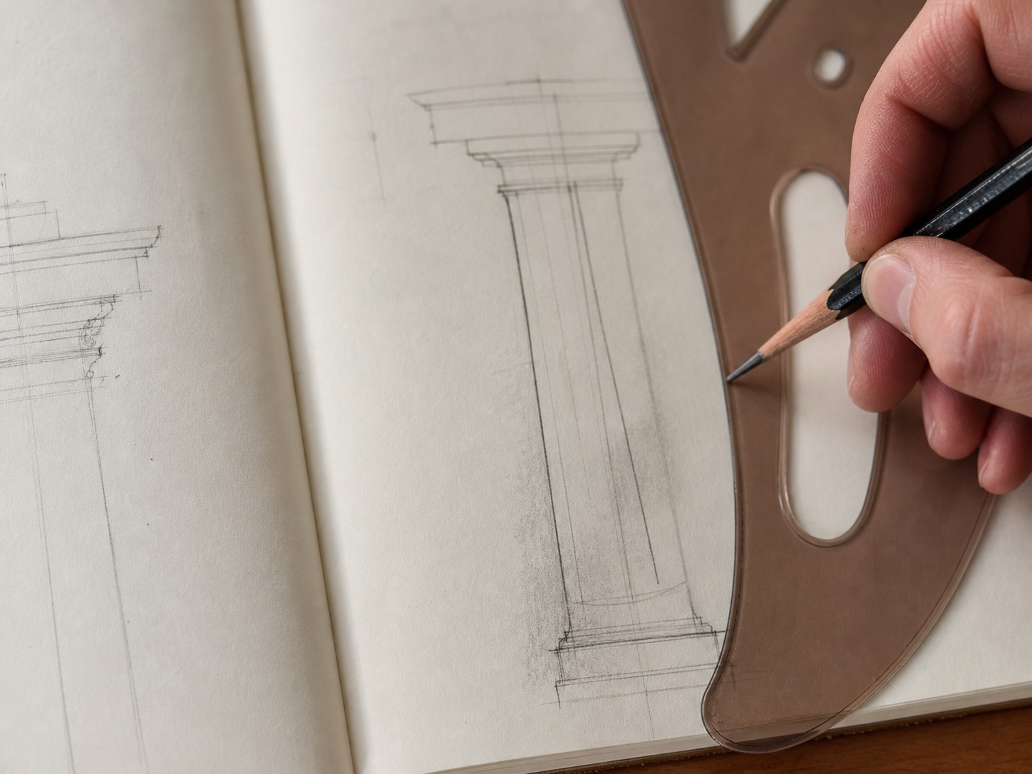 Entasis column drawing with a French curve Hand using a French curve to draw a subtle entasis bulge along a column sketch | Sky Rye Design Hand using a French curve to draw a subtle entasis bulge along a column sketch