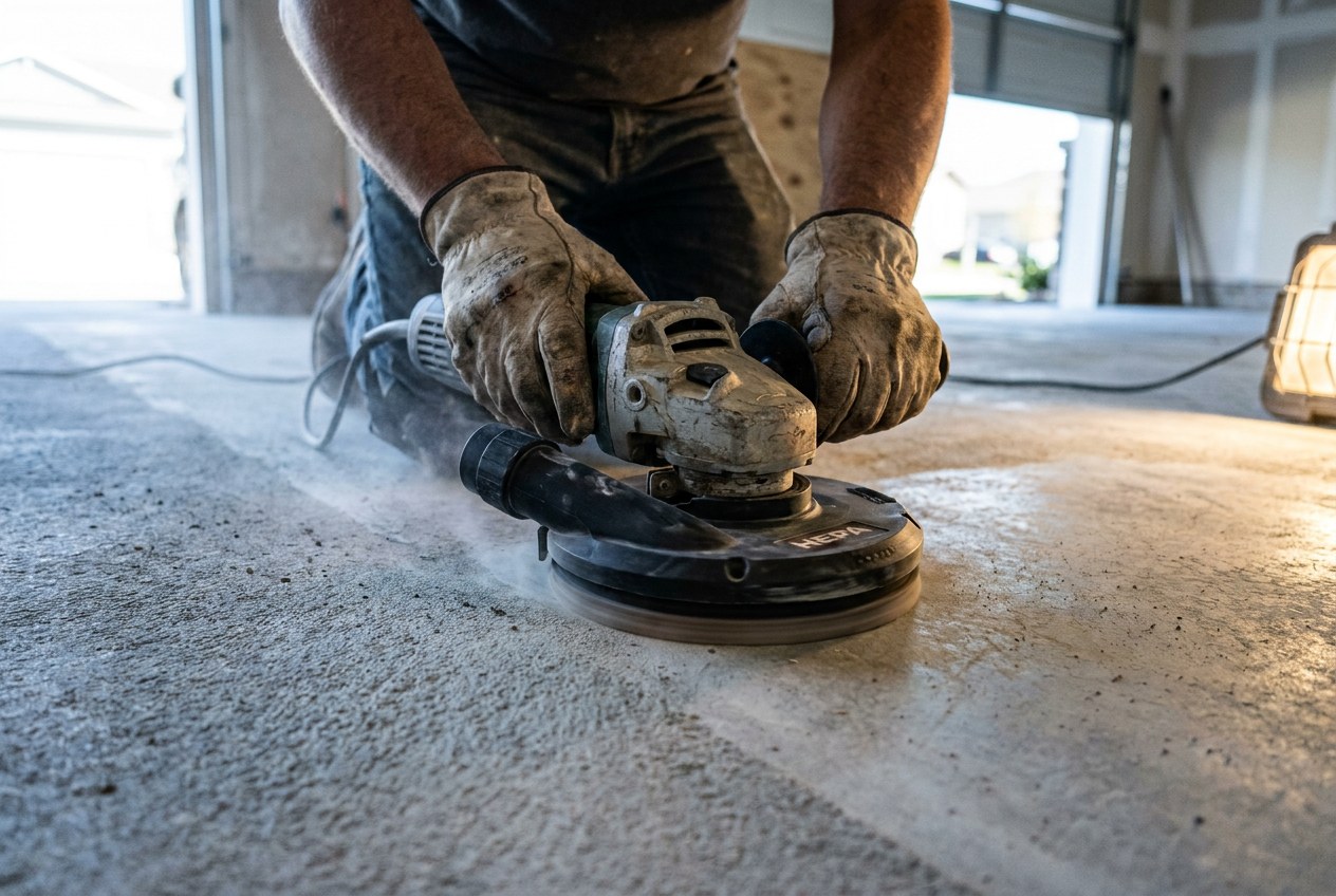Concrete prep using diamond grinder with HEPA dust shroud Concrete installer using a diamond grinder with HEPA dust shroud on a bare garage slab | Sky Rye Design Concrete installer using a diamond grinder with HEPA dust shroud on a bare garage slab