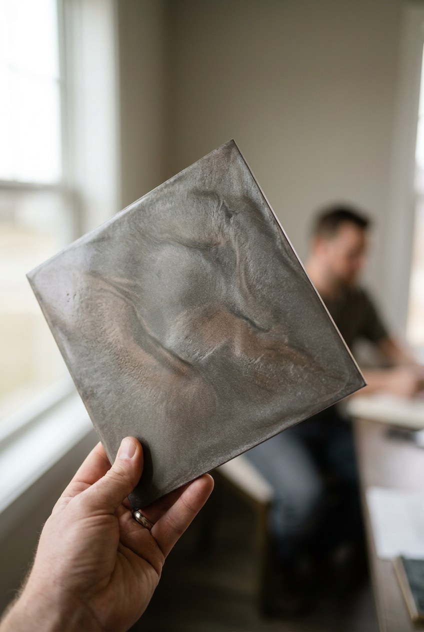 Designer holding custom 12x12 metallic epoxy sample board Hand holding a 12x12 metallic epoxy sample board up against natural window light | Sky Rye Design Hand holding a 12x12 metallic epoxy sample board up against natural window light
