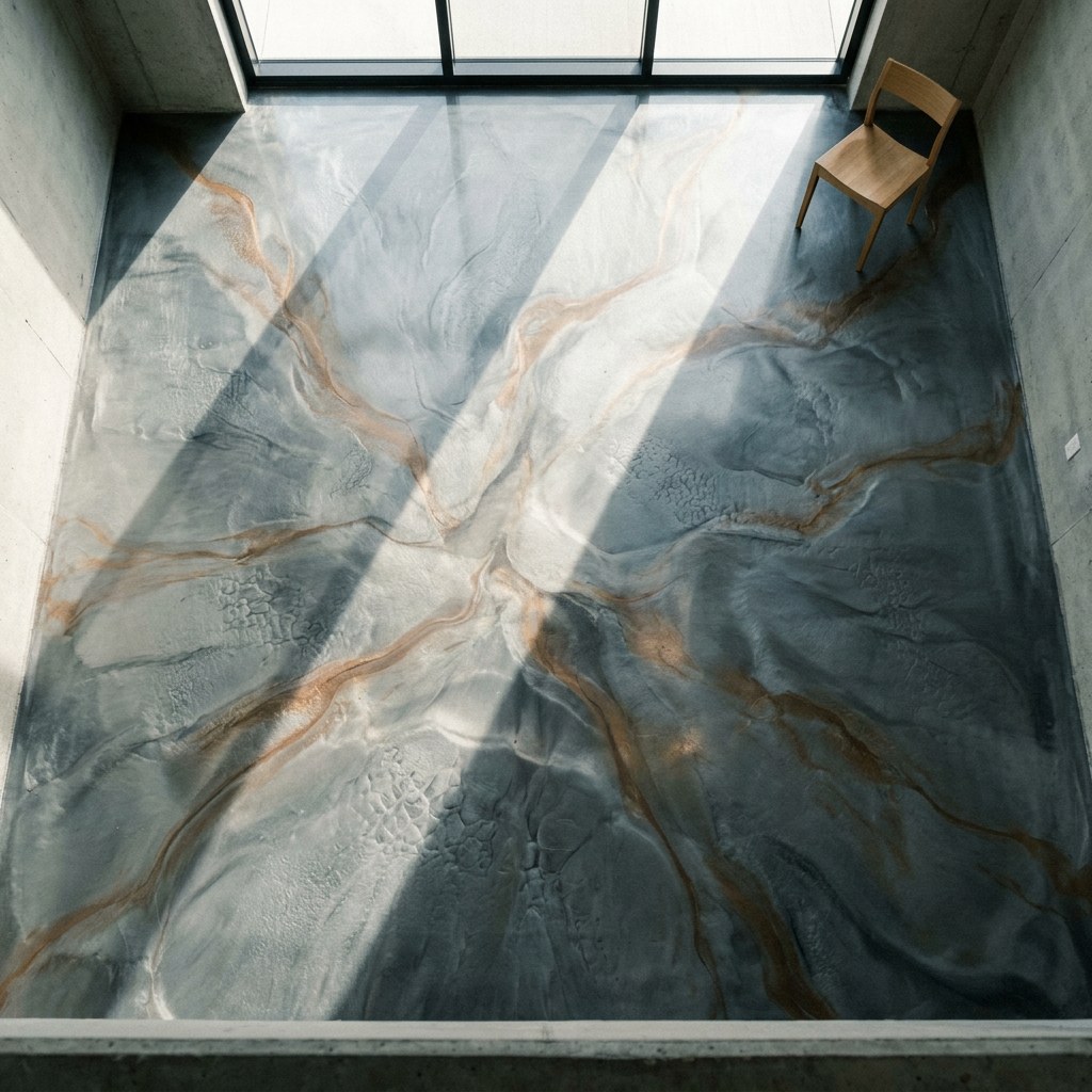 Overhead architectural view of metallic swirl epoxy floor pattern Top-down architectural view of a metallic swirl epoxy floor pattern in an empty room | Sky Rye Design Top-down architectural view of a metallic swirl epoxy floor pattern in an empty room
