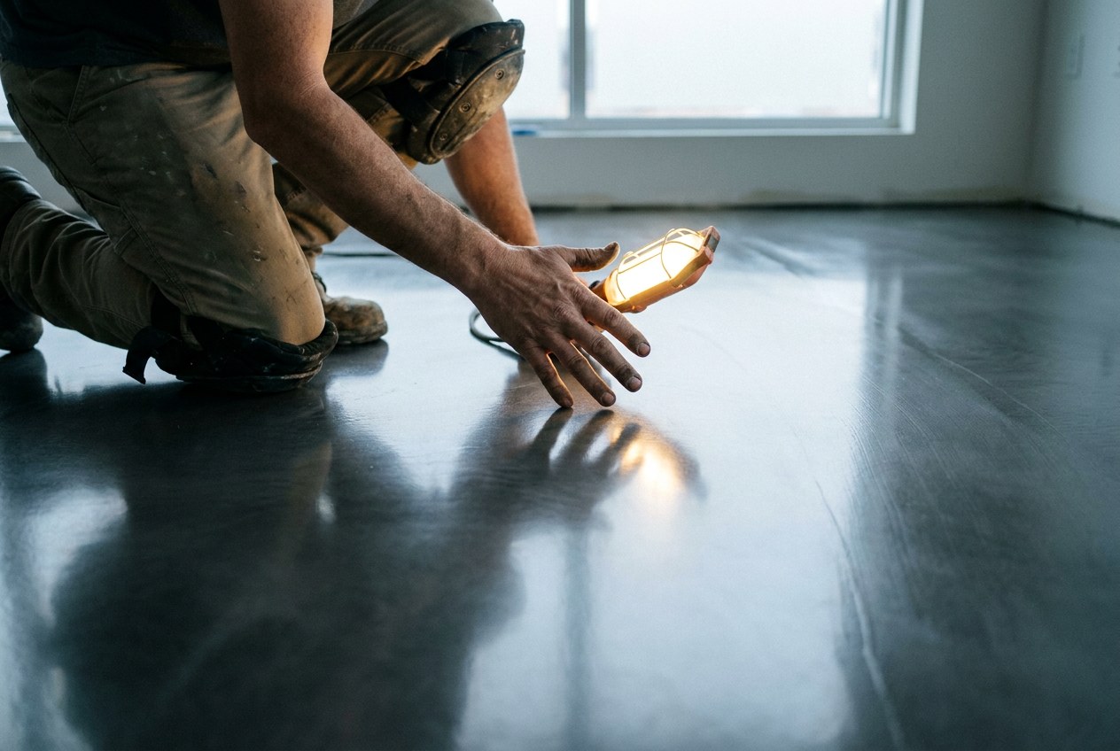 Quality inspection under raking work lamp light Installer crouching at floor level inspecting freshly finished epoxy floor under raking light | Sky Rye Design Installer crouching at floor level inspecting freshly finished epoxy floor under raking light
