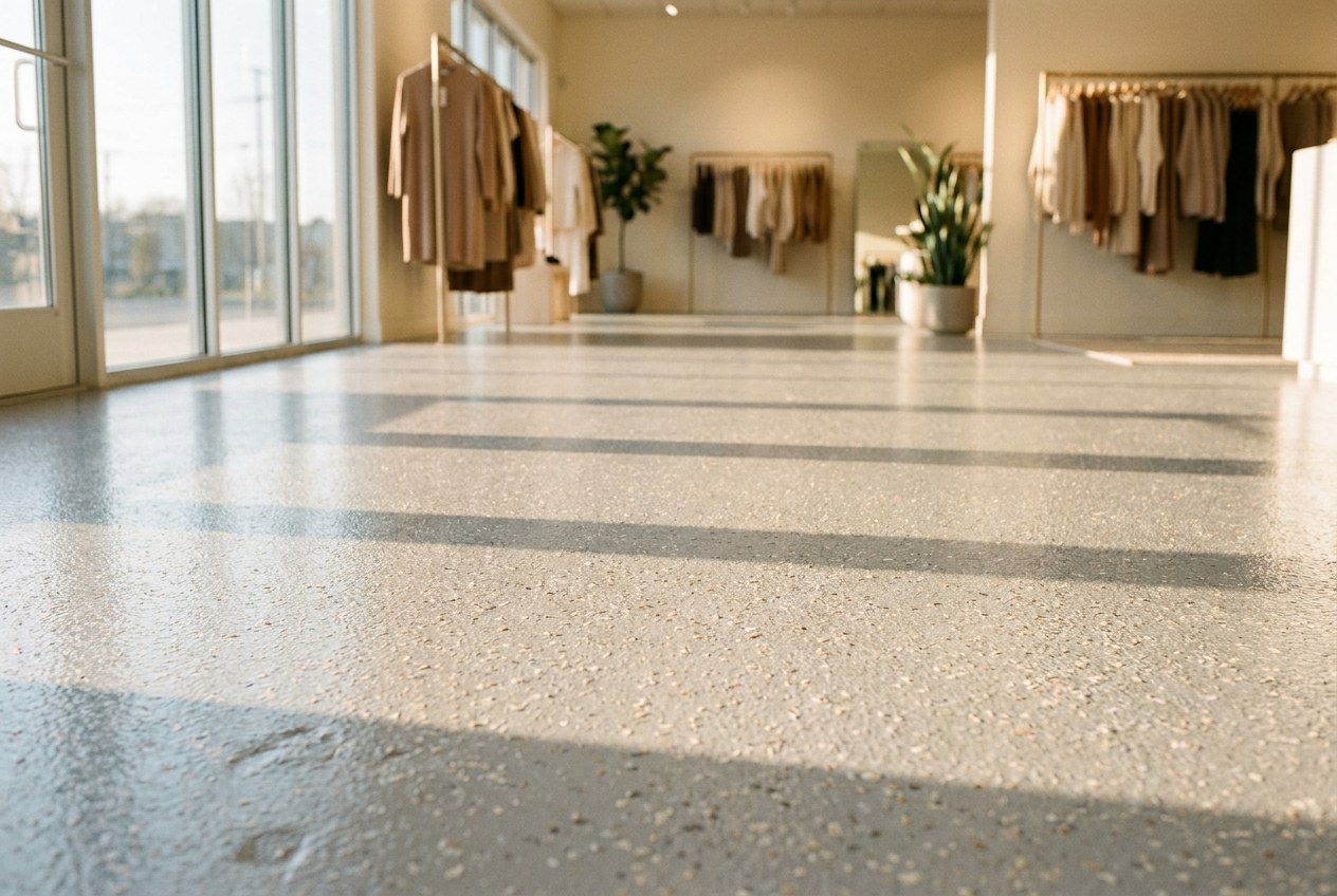 Boutique retail showroom with seamless pale gray flake epoxy floor Boutique fashion showroom with a pale gray seamless flake epoxy floor and minimalist clothing racks | Sky Rye Design Boutique fashion showroom with a pale gray seamless flake epoxy floor and minimalist clothing racks