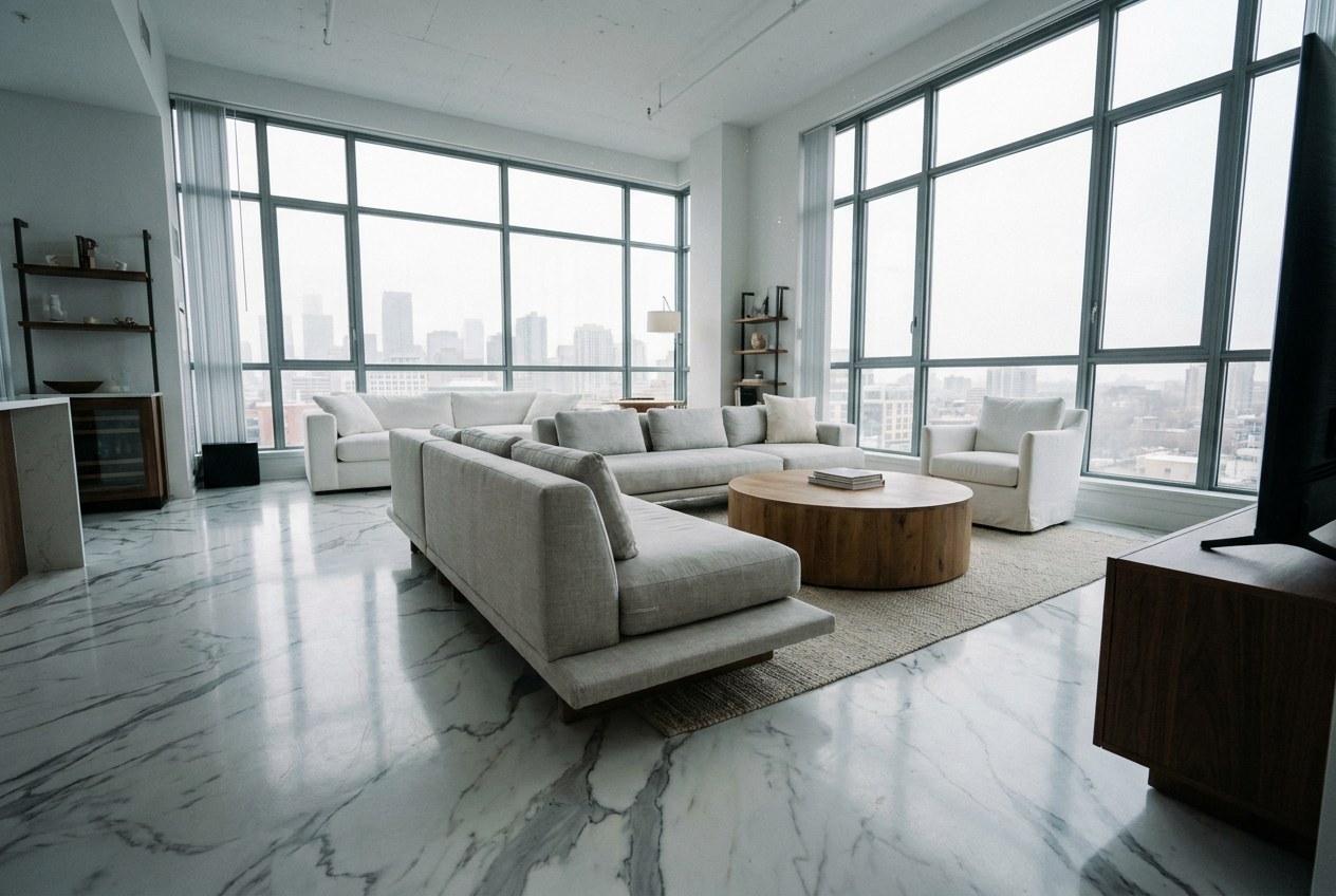 Open-plan loft living room with veined marble-effect epoxy floor An open-plan loft living room with a white-and-gray veined marble-effect epoxy floor | Sky Rye Design An open-plan loft living room with a white-and-gray veined marble-effect epoxy floor