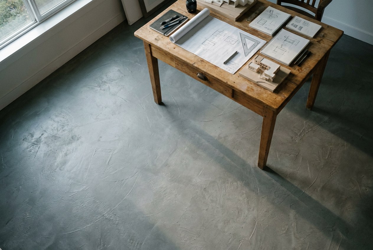 Architect home office with matte concrete-gray epoxy floor Small architect home office with a matte concrete-gray epoxy floor and wooden desk | Sky Rye Design Small architect home office with a matte concrete-gray epoxy floor and wooden desk