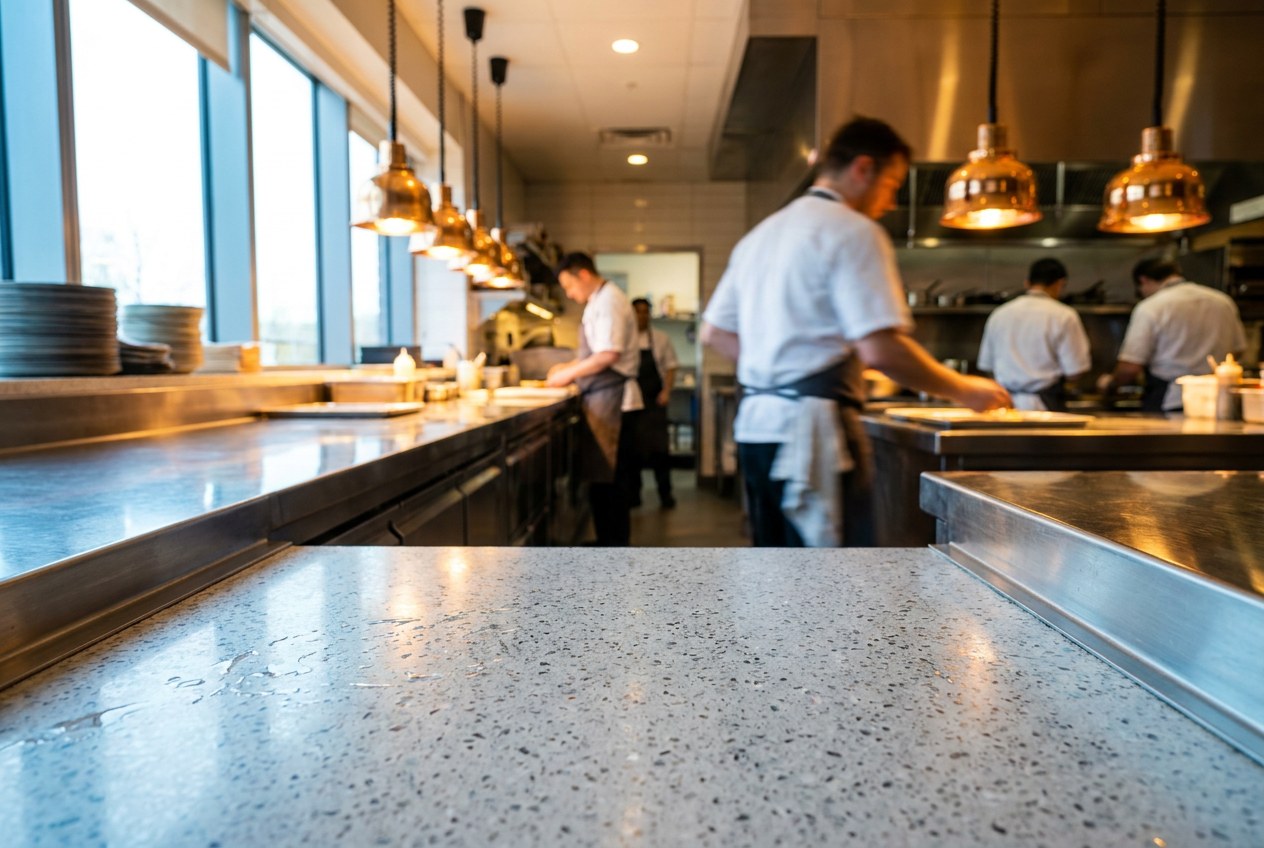 Open restaurant kitchen with quartz aggregate epoxy floor Modern restaurant open kitchen with a light gray quartz aggregate epoxy floor | Sky Rye Design Modern restaurant open kitchen with a light gray quartz aggregate epoxy floor