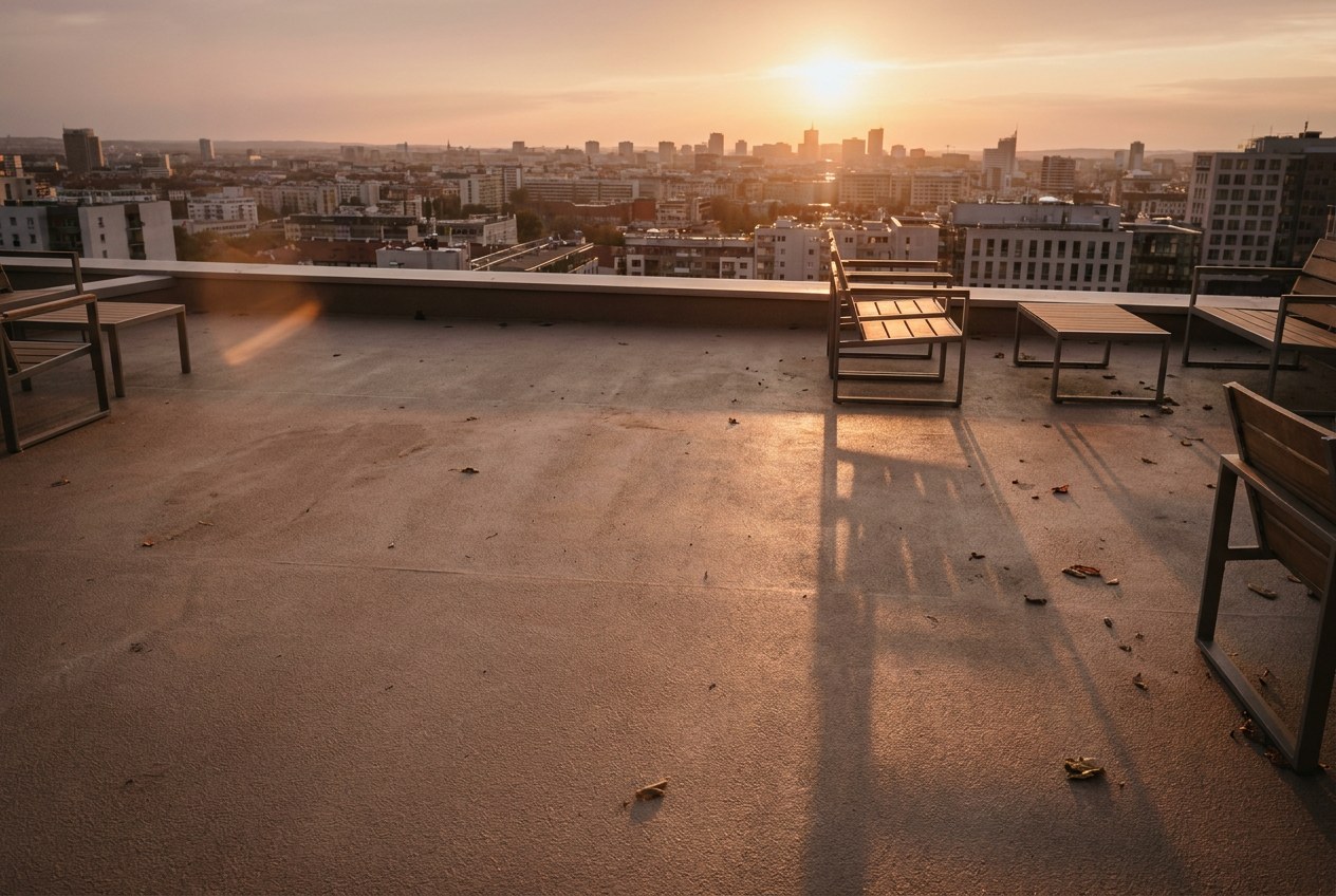 Rooftop terrace with polyaspartic-coated deck floor Rooftop terrace featuring a warm taupe polyaspartic-coated epoxy floor at sunset | Sky Rye Design Rooftop terrace featuring a warm taupe polyaspartic-coated epoxy floor at sunset