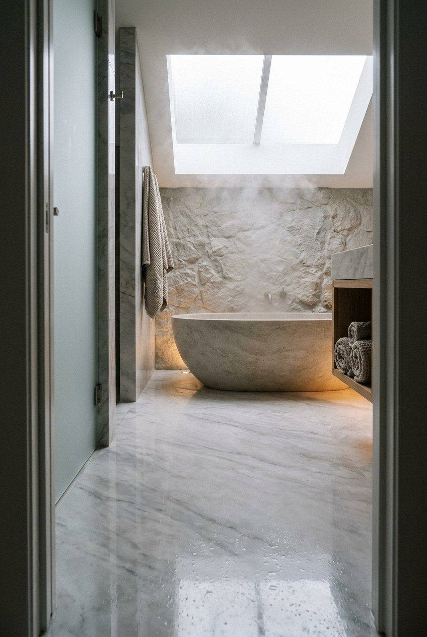 Spa bathroom with veined marble-effect epoxy floor Spa-style bathroom with soft gray and white veined marble epoxy floor and freestanding tub | Sky Rye Design Spa-style bathroom with soft gray and white veined marble epoxy floor and freestanding tub