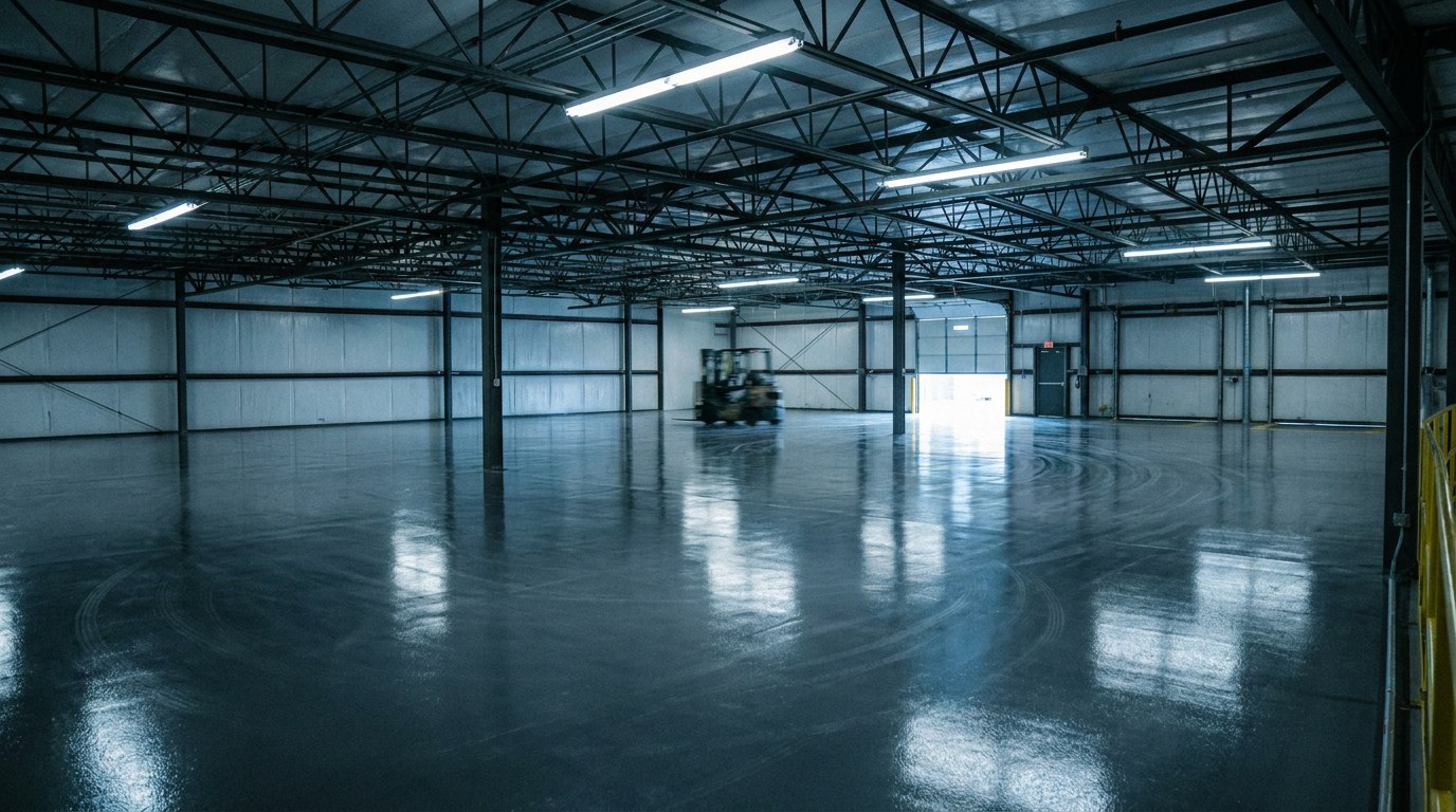Industrial warehouse interior with glossy polyaspartic epoxy floor Empty industrial warehouse with a blurred forklift near the center, glossy concrete floor, and bright overhead lights. | Sky Rye Design Wide view of a glossy dark gray polyaspartic epoxy floor in an industrial warehouse