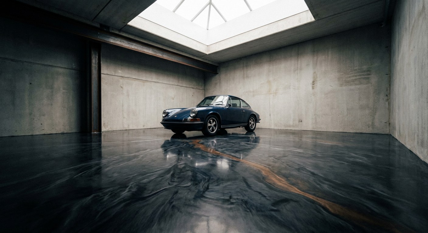 Epoxy Floor Design How to Plan a Profitable Decorative Flooring Venture A dark charcoal metallic-swirl epoxy floor in a minimalist architectural garage | Sky Rye Design Dark charcoal metallic-swirl epoxy floor in a minimalist garage under a parked sports car