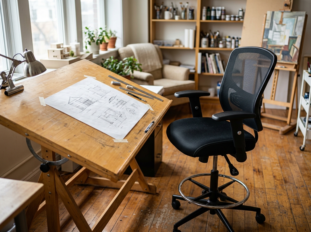Ergonomic Drafting Stool and Tilting Table An adjustable ergonomic drafting stool paired with a tilting drafting table inside a bright, sunlit art studio. | Sky Rye Design An adjustable ergonomic drafting stool paired with a tilting drafting table inside a bright, sunlit art studio.