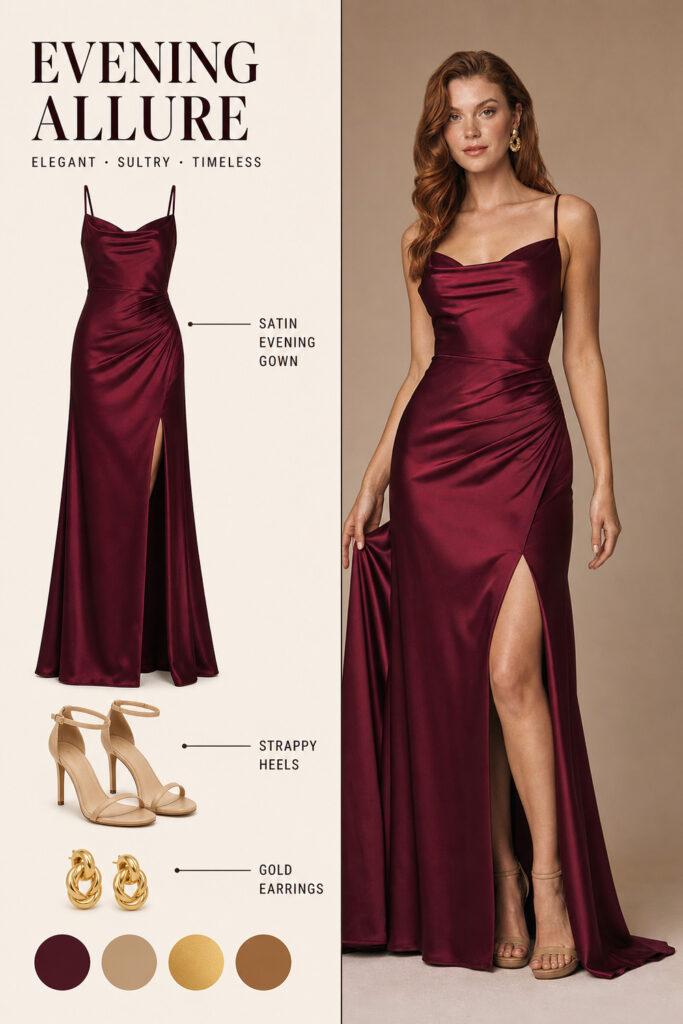 Evening Allure Outfit Infographic 01 Pinterest fashion infographic featuring a burgundy satin evening gown, nude strappy heels, and gold earrings. | Sky Rye Design Pinterest fashion infographic featuring a burgundy satin evening gown, nude strappy heels, and gold earrings.
