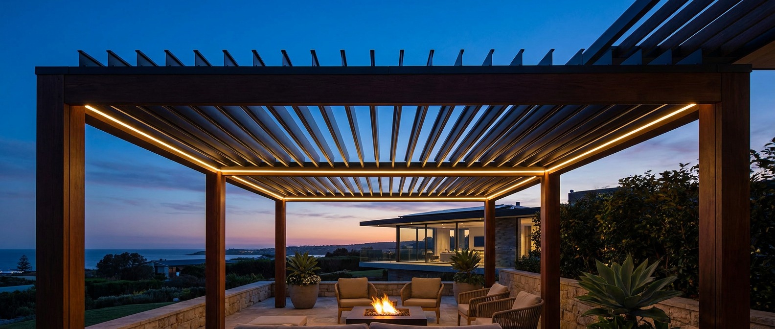 Louvered pergola at dusk with soft integrated edge lighting glowing along the frame