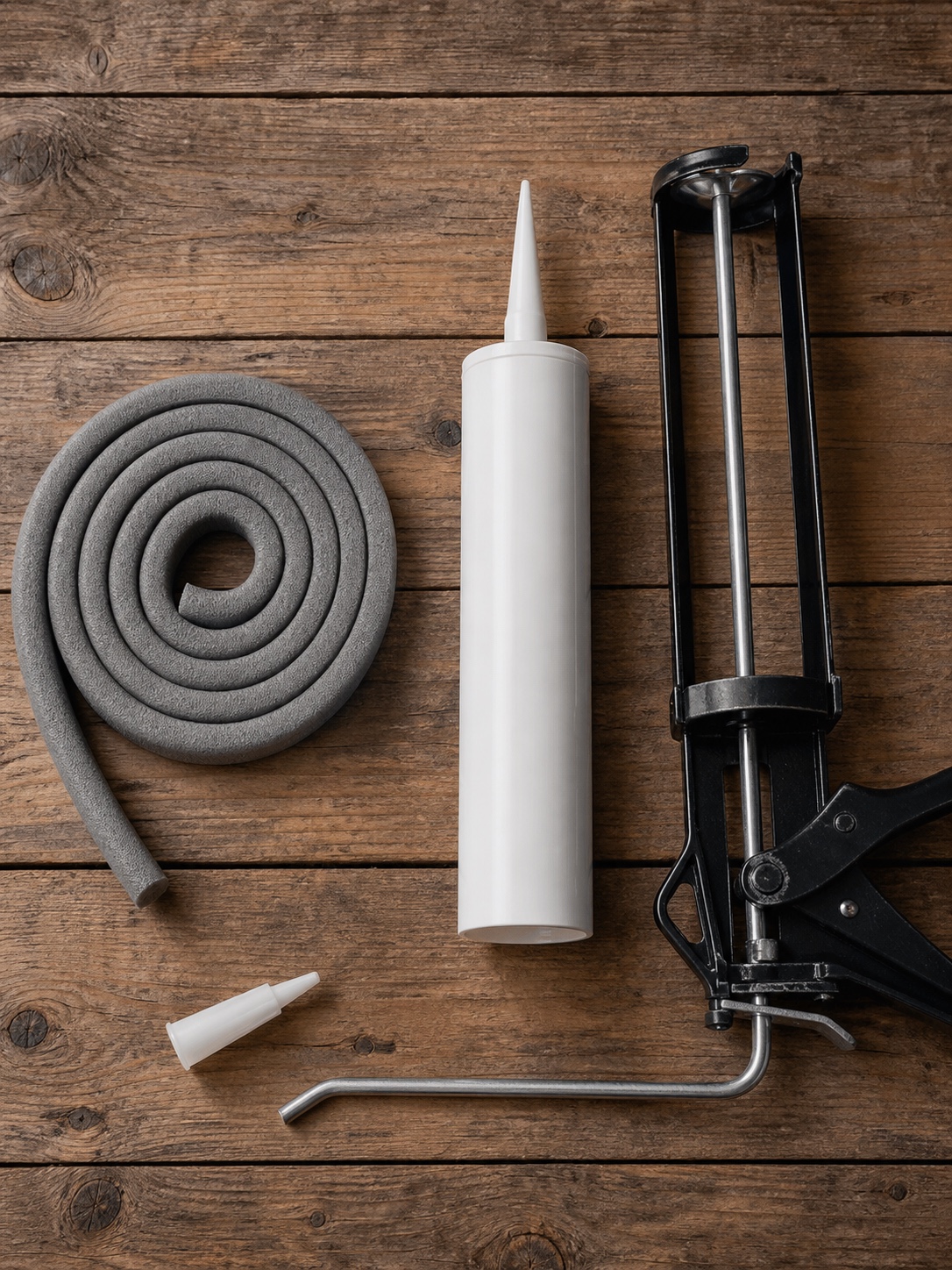 Foam backer rod, polyurethane sealant, and a caulking gun arranged on a wood surface.