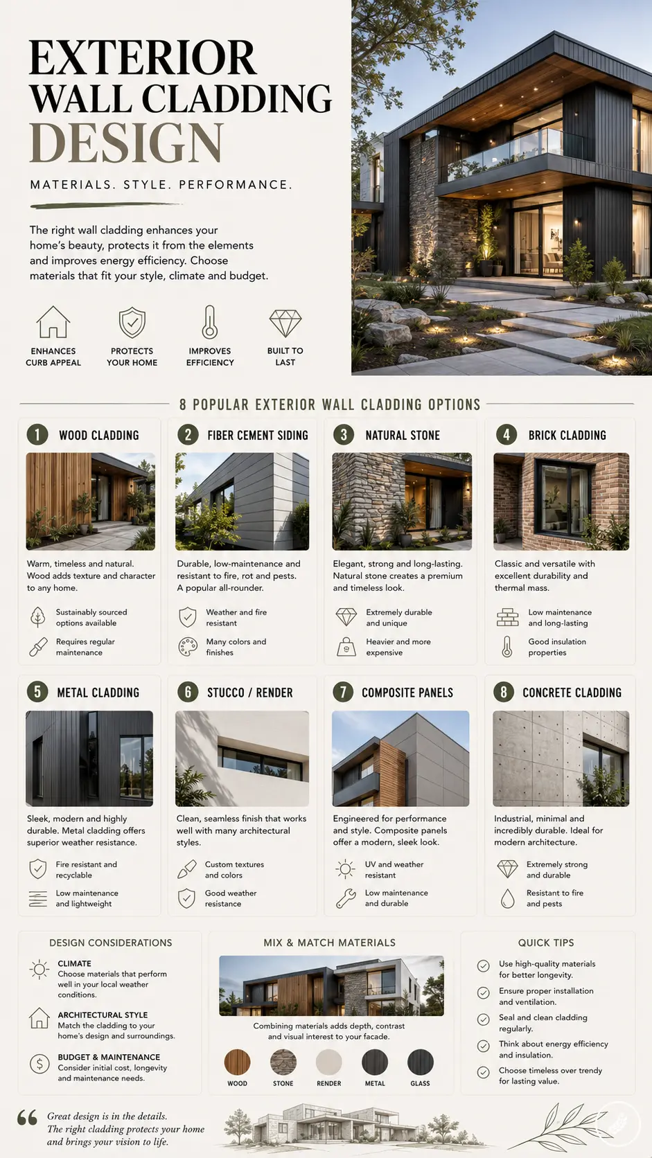 91ecbec5-cc53-4874-b499-1789036ac285 Exterior wall cladding design infographic with modern home showcasing 8 options incl. wood, fiber cement, stone, brick, metal | Sky Rye Design Exterior wall cladding design infographic with modern home showcasing 8 options incl. wood, fiber cement, stone, brick, metal