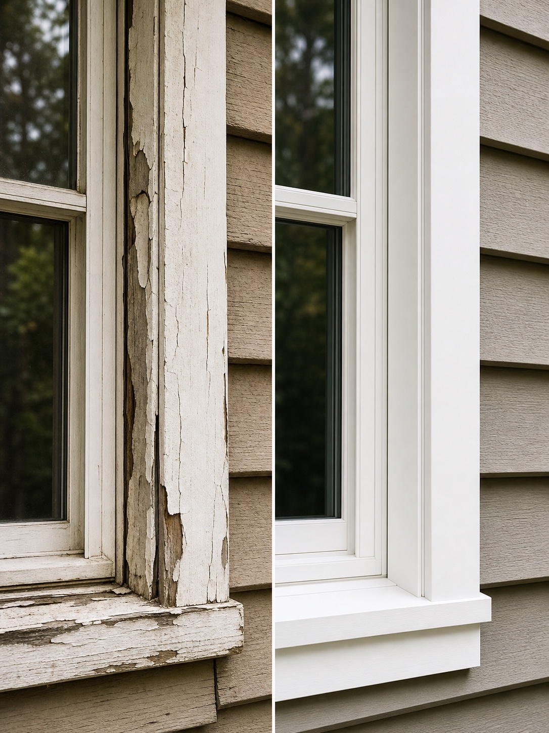 Exterior window trim before and after with cracked casing repaired and repainted.