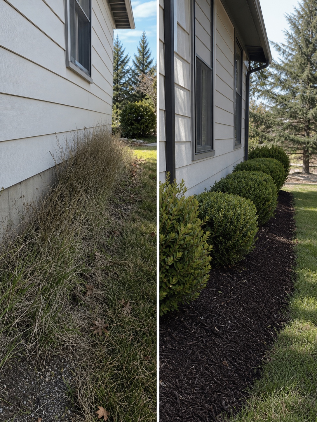 Before-and-after comparison of overgrown grass against a foundation and structured hedges with mulch clearance.